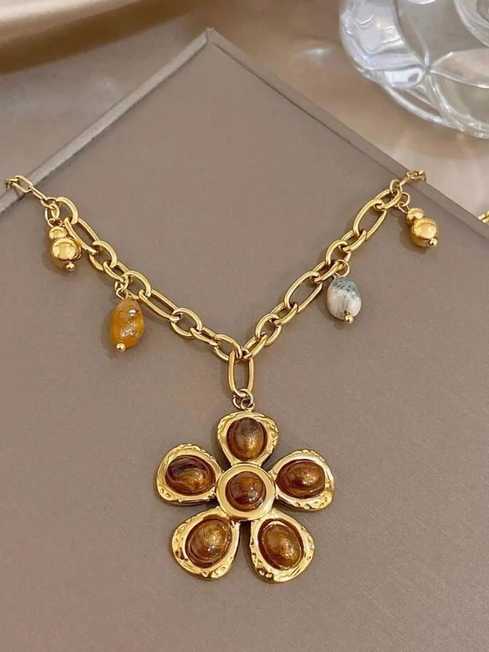 Flower Charm Necklace with Brown Stone R773